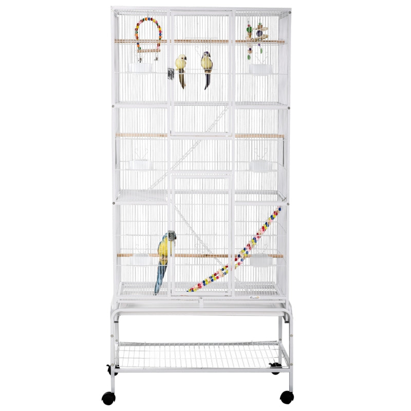 White 3 Tier Bird Cage with Stand, Wheels, Toys, Ladders, for Small Birds - Includes Accessories