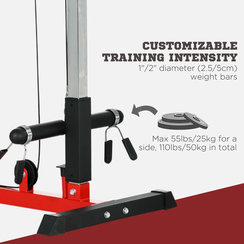 Red Pull Up Station with Adjustable Seat and Lat Pulldown - Home Gym Fitness Equipment