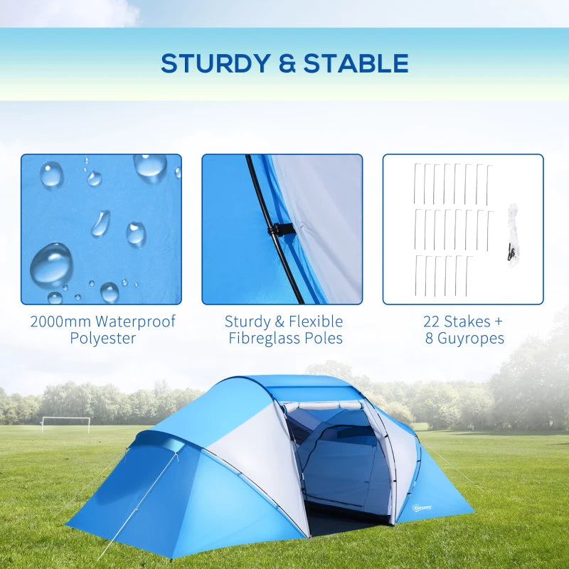 6-Person Blue & White UV Protection Camping Tunnel Tent