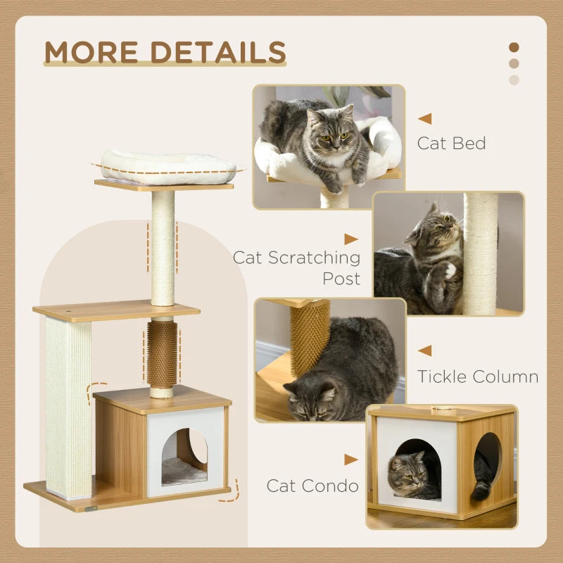 Oak Tone Cat Tree with Scratching Posts and Perches - 59.5 x 39.5 x 114cm