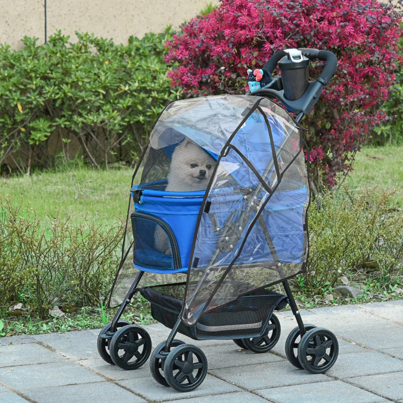 Blue Dog Stroller with Rain Cover and Safety Features