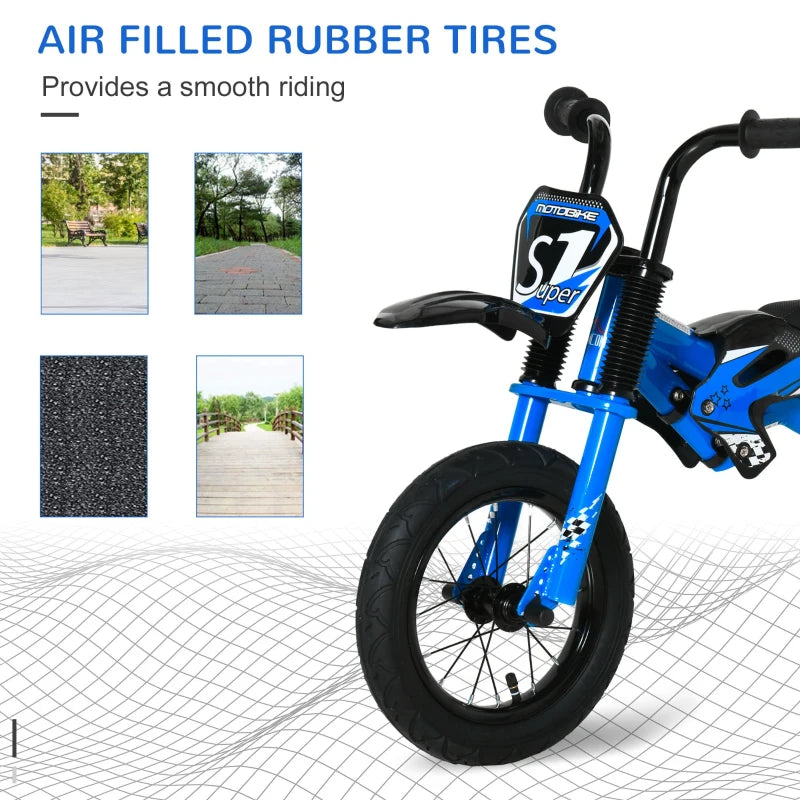 Blue 12" Kids Balance Bike, No Pedal Training Bicycle, Motorbike Style