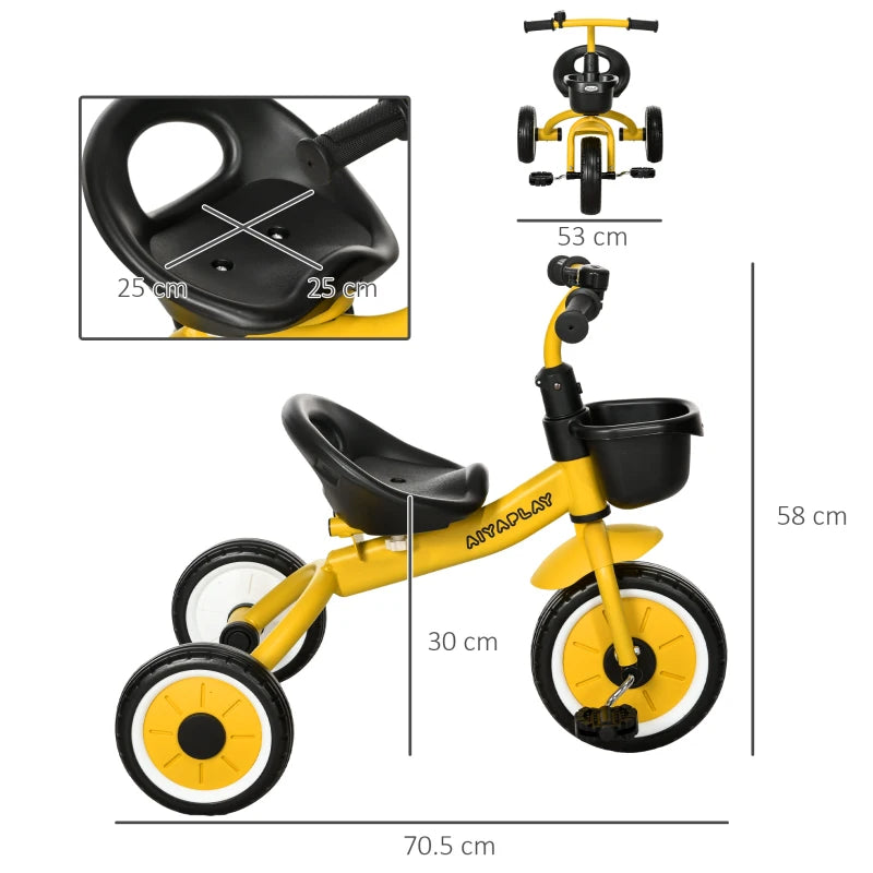 Yellow Kids Trike with Adjustable Seat, Basket & Bell - Ages 2-5