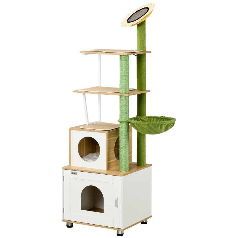 Oak Tone Cat Tree with Litter Box, Scratching Post, House & Hammock