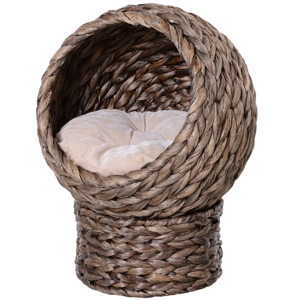 Brown Wicker Cat Bed with Raised Rattan Basket & Washable Cushion