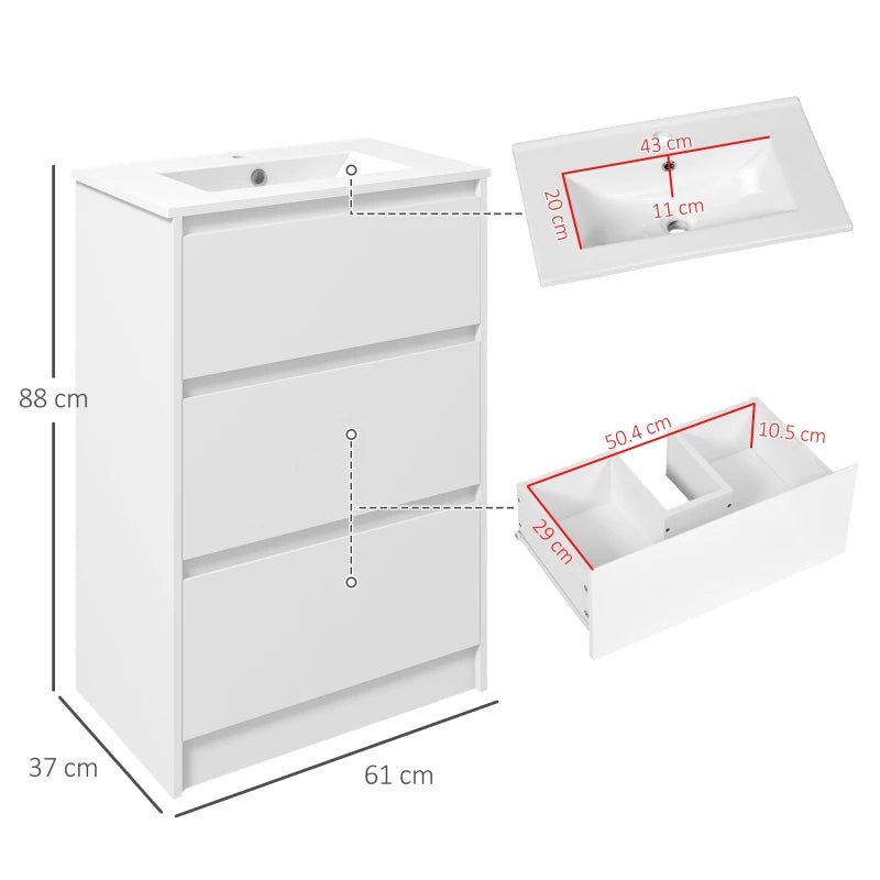 White Gloss Bathroom Vanity Unit with Basin & Single Tap Hole, 2 Drawers