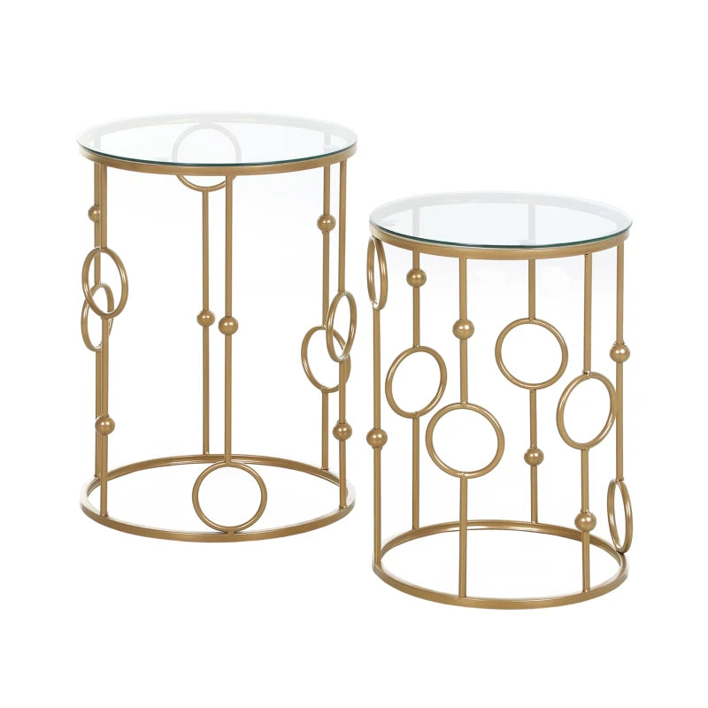 Gold Round Nesting Coffee Tables Set of 2 with Glass Top