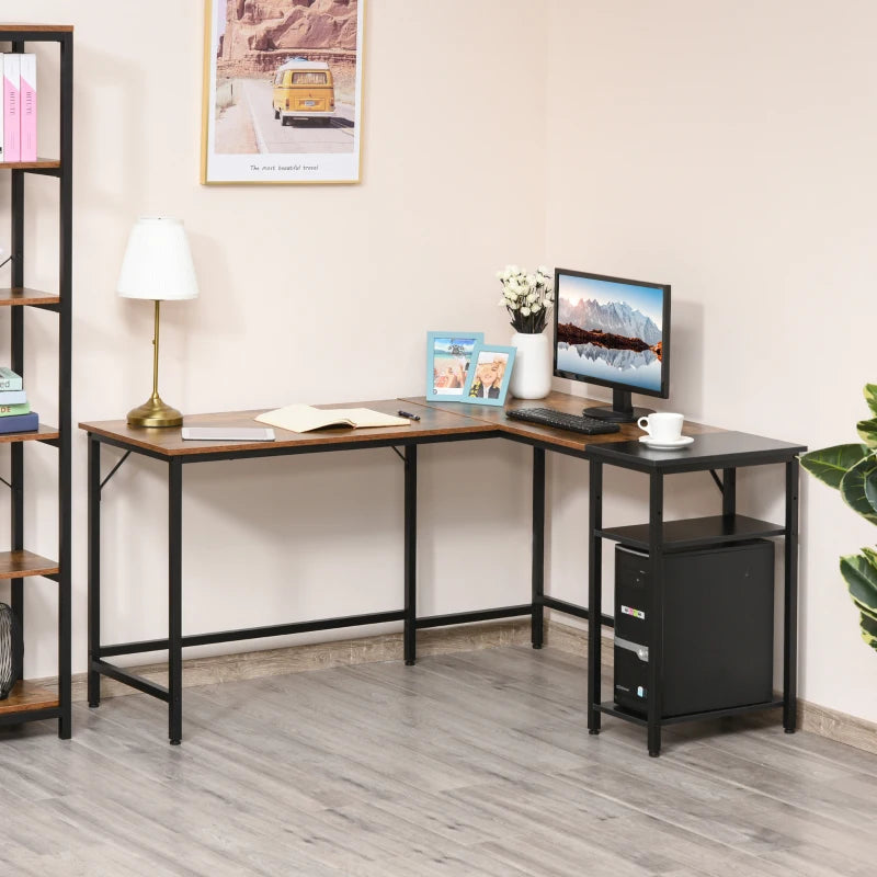 Rustic Brown L-Shaped Industrial Corner Desk with Adjustable Storage Shelf