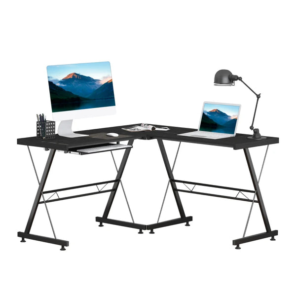 Black Laminated L-Shaped Gaming Desk with Keyboard Tray