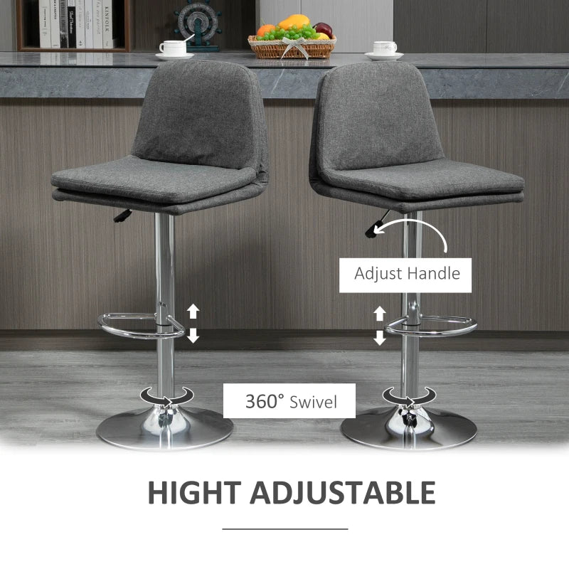 Grey Swivel Fabric Bar Stools Set of 2 - Adjustable Counter Height Chairs with Backrest and Footrest