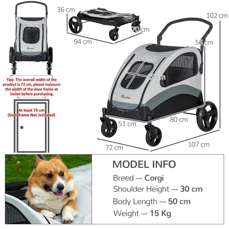 Grey Pet Stroller for Medium Pets with Safety Features