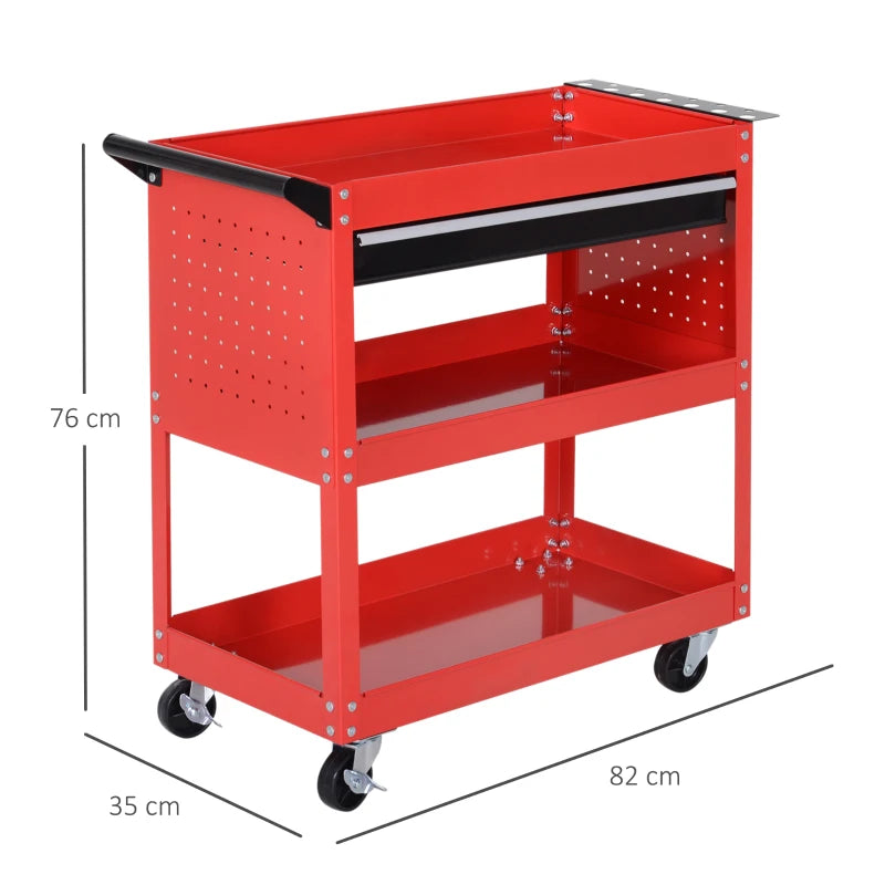 Red 3-Tier Tool Trolley Cart with Drawer