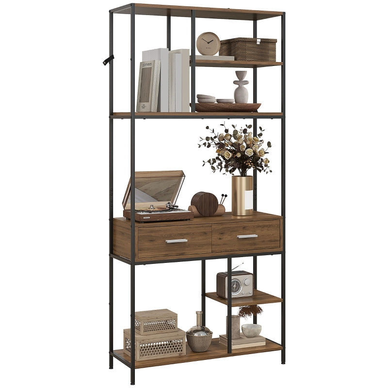 Seven-Shelf Industrial Display Shelf with Drawers - Brown/Black