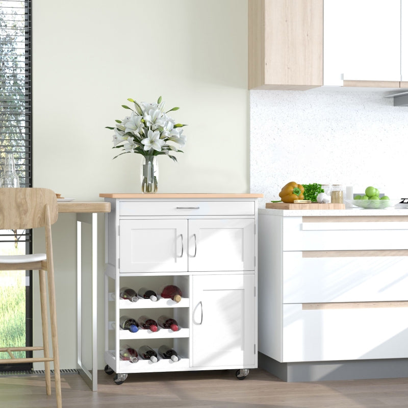 White Kitchen Trolley with Wine Rack and Storage