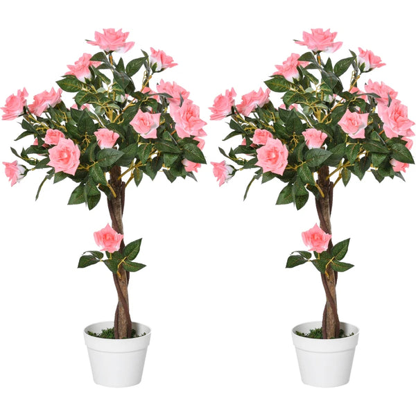 Set of 2 Pink Rose Artificial Plants in Pot, Indoor Outdoor Decor, 90cm