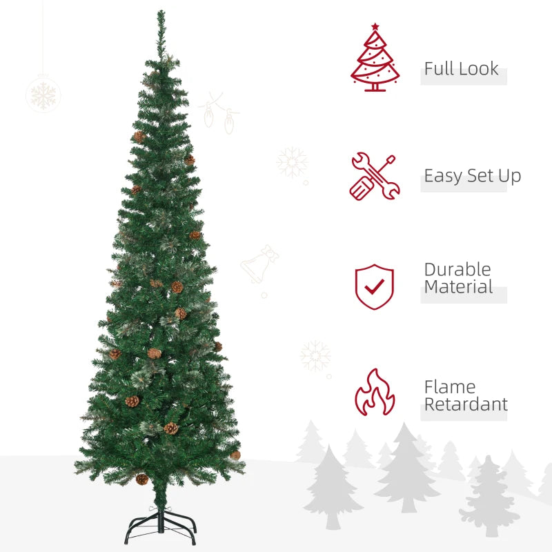 6.5FT Tall Slim Green Christmas Tree with Realistic Branches and Pine Cones