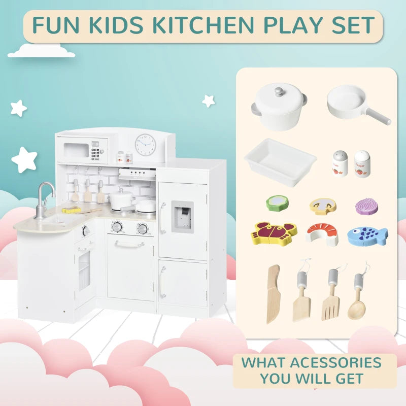 White Kids Wooden Play Kitchen Set with Microwave and Fridge