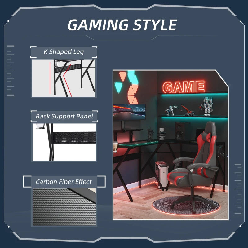 Black L-Shaped Gaming Desk with Monitor Stand and Cup Holder