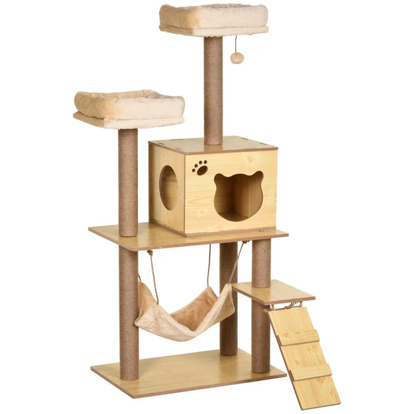 130cm Grey Cat Tree with Scratching Posts, Perches, House & Hammock