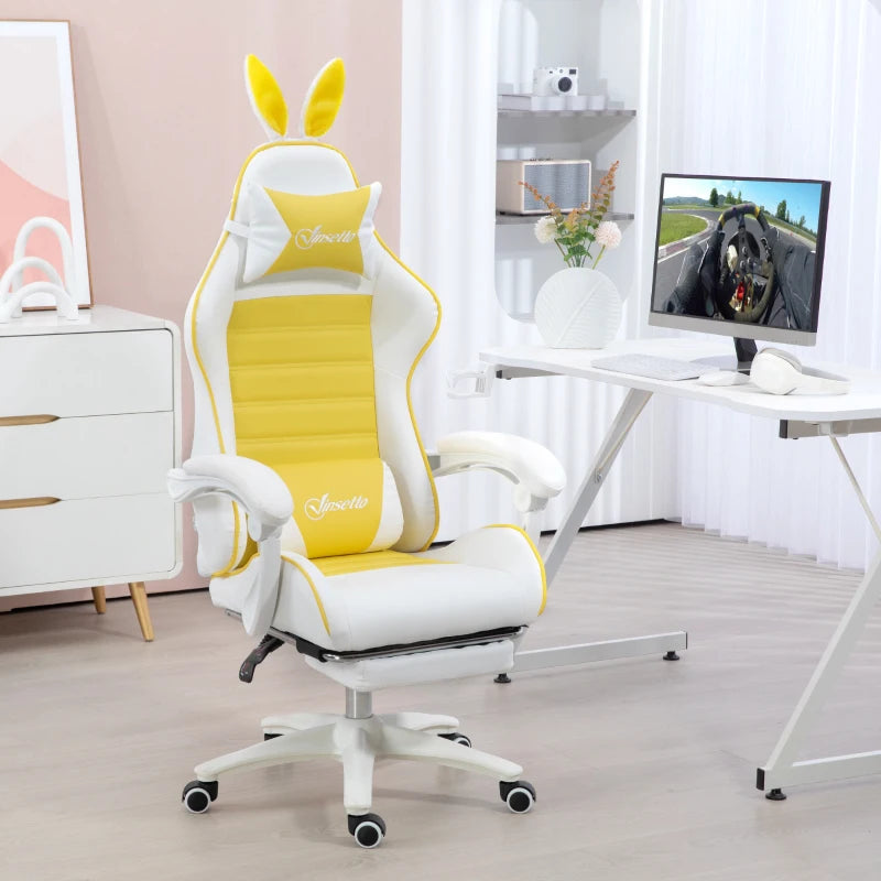 Yellow Racing Gaming Chair with Rabbit Ears & Footrest