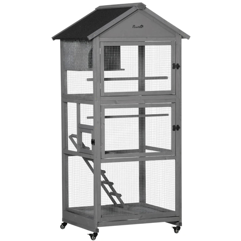 Mobile Wooden Bird Aviary Cage for Small Birds - Dark Grey