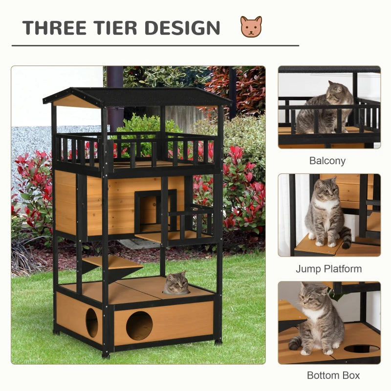 Yellow Wooden 3-Tier Outdoor Cat House with Tilted Roof & Waterproof Paint