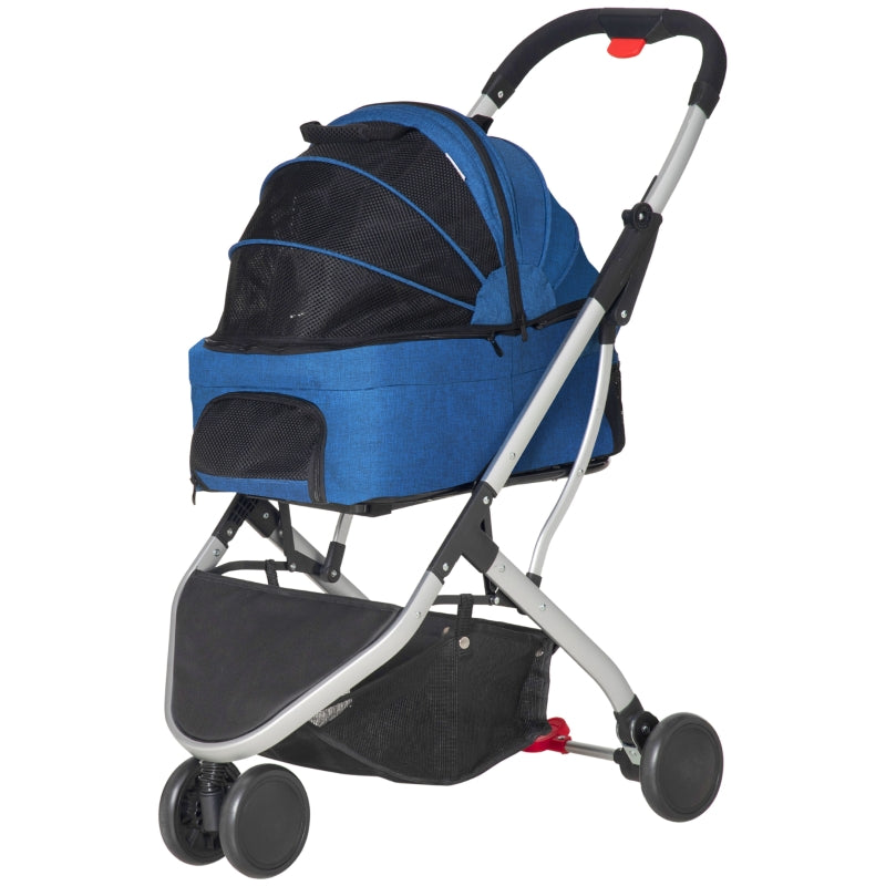 Foldable Dark Blue Pet Stroller with Canopy & Storage