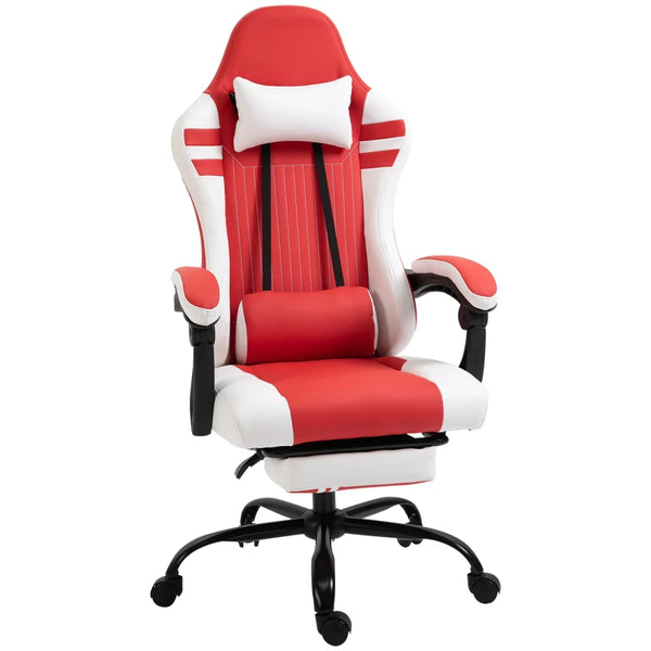 Red White Gaming Chair with Headrest, Footrest, Wheels - Adjustable Height