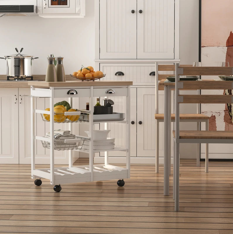 White Rolling Kitchen Island Cart with Drawers, Shelves, Basket, Wine Rack & Wheels