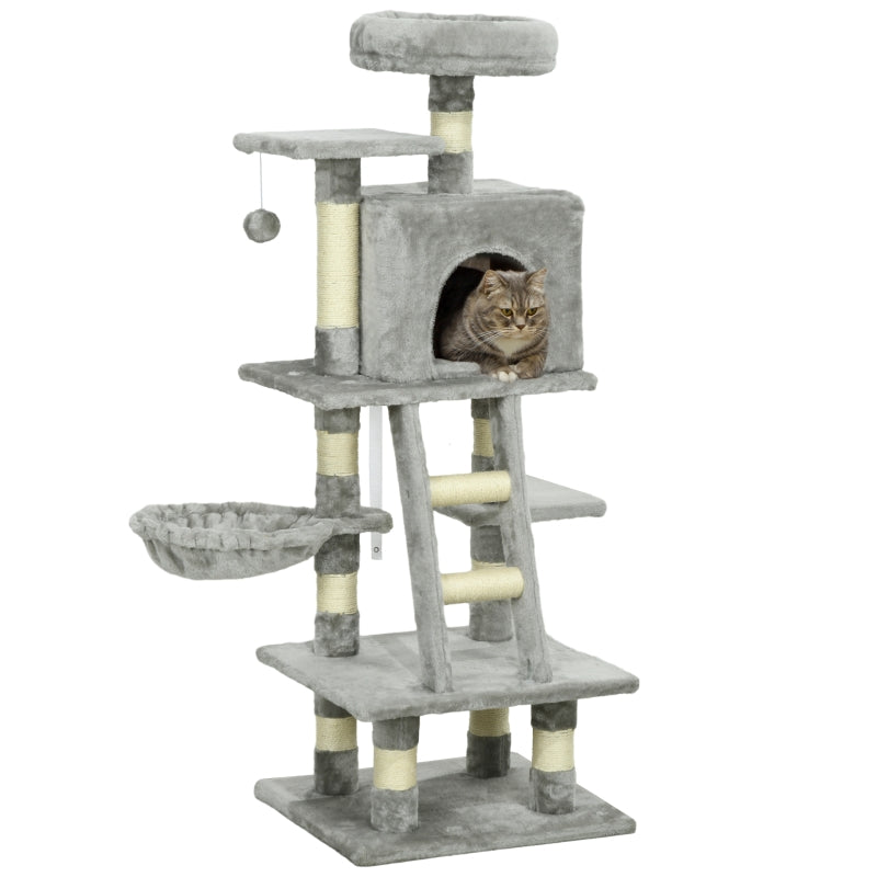 Grey Cat Tree with Scratching Post, House, Hammock, Toy Balls - 132cm