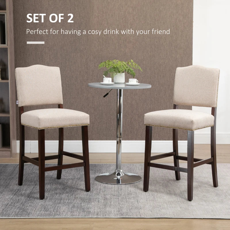 Beige Fabric Bar Stools Set of 2 with Backrest and Nailhead Trim