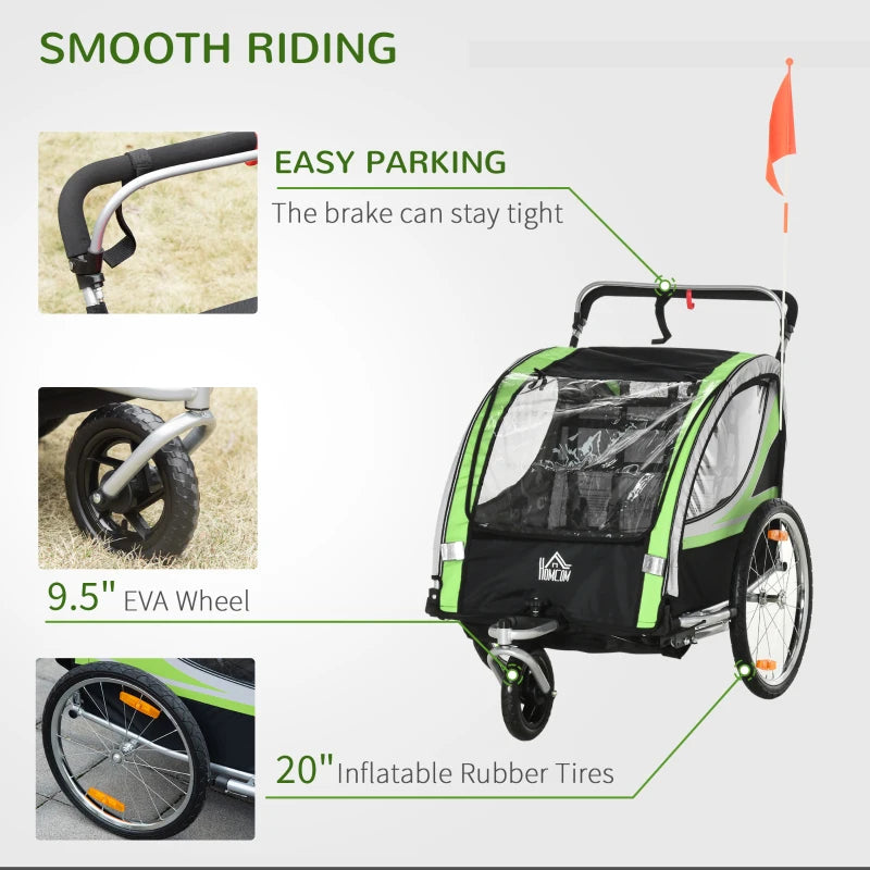 Green 2-Seater Child Bike Trailer & Stroller Combo with Safety Features