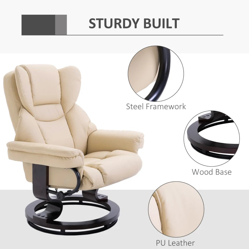 Cream Faux Leather Swivel Recliner Chair with Adjustable Backrest & Footstool