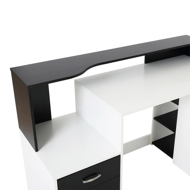 Modern Black and White Computer Desk with Drawers and Storage Shelves