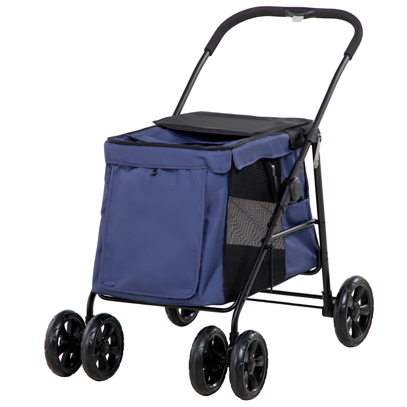 Foldable Pet Stroller with Cushion and Storage Bags, Dark Blue