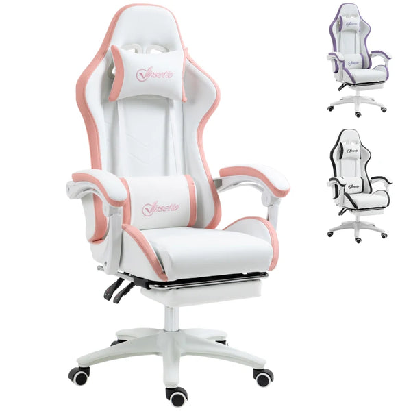 White and Pink Racing Gaming Chair with Footrest and Swivel Seat