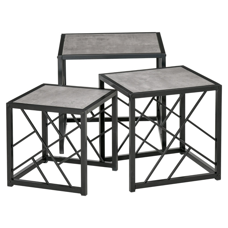 Grey Square Nesting Coffee Tables Set, 3-Piece Black Metal Frame Side Tables