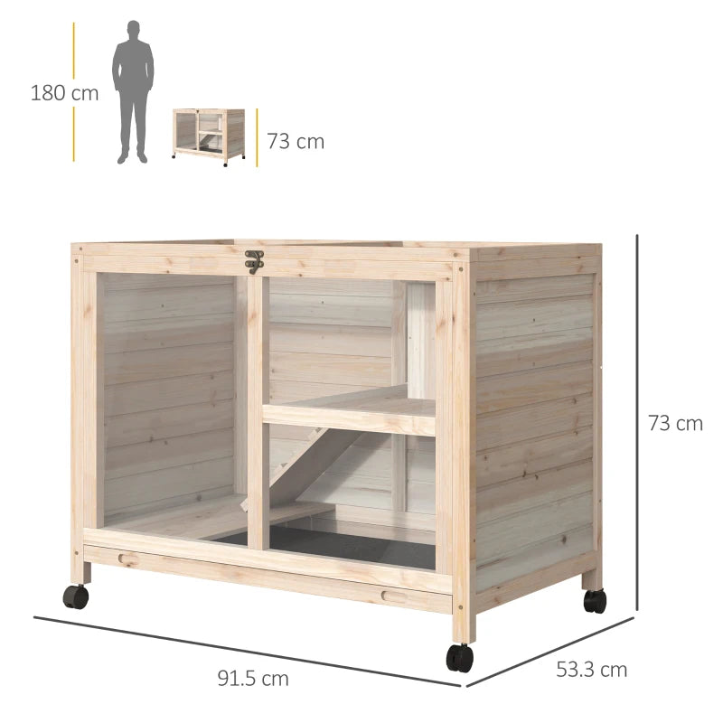 Wooden Indoor Rabbit Hutch with Wheels, 2-Tier Guinea Pig House, Openable Roof - Natural