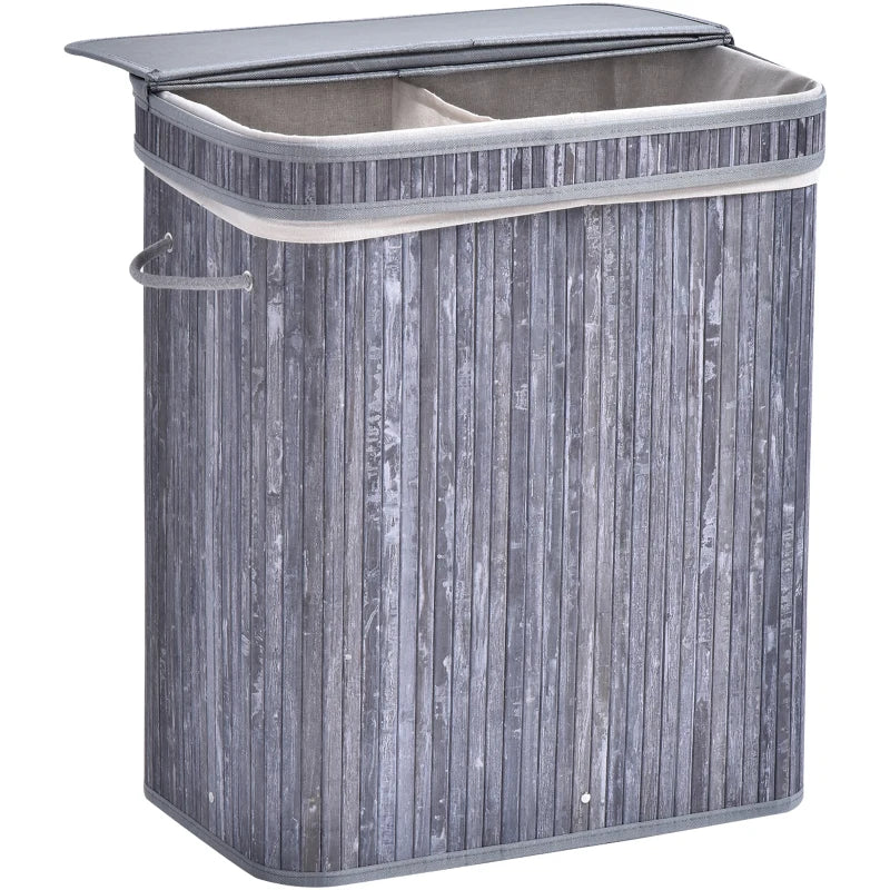 Grey Wooden Laundry Basket with Split Compartment and Lid