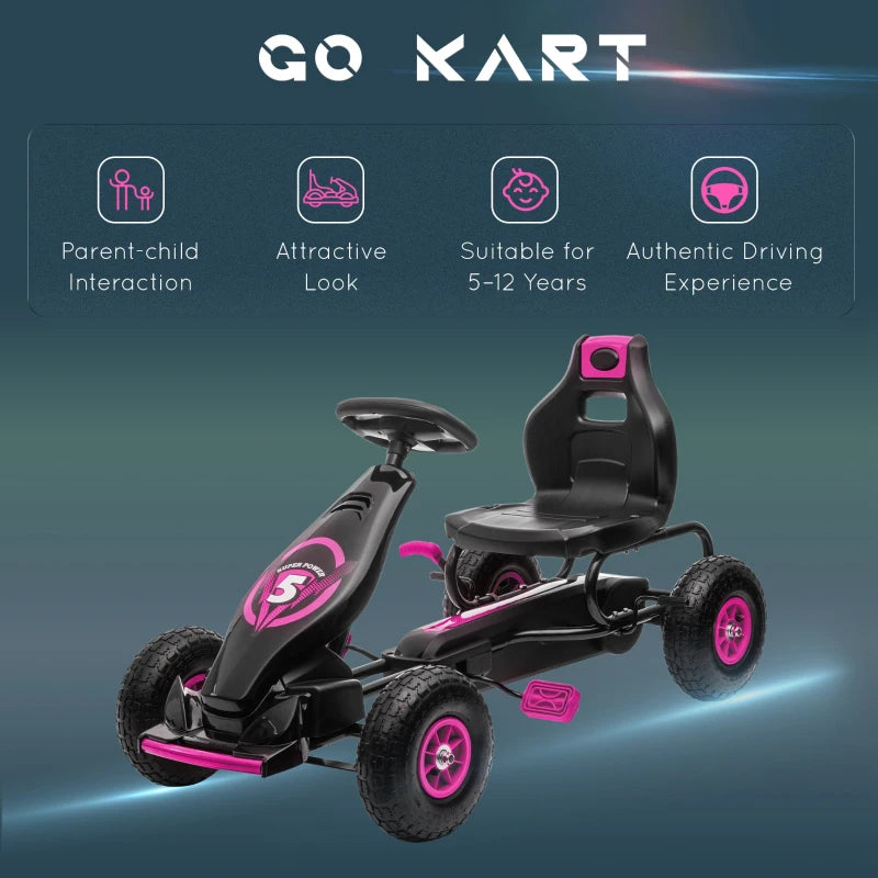 Kids Pink Pedal Go Kart with Adjustable Seat and Inflatable Tyres