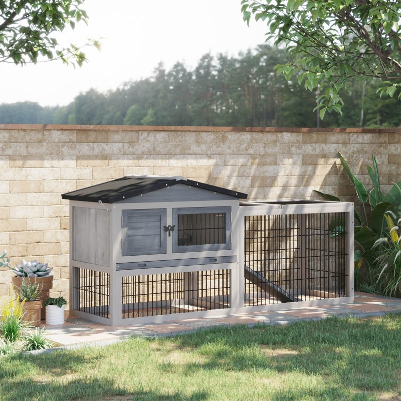 Grey Outdoor Rabbit Hutch with Run, 2-Level Design, Water-Resistant, 150 x 52.5 x 68 cm