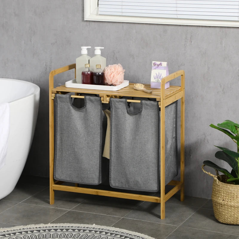 Grey Bamboo Laundry Hamper with Pull-out Bags, Shelf - 64 x 33 x 73 cm