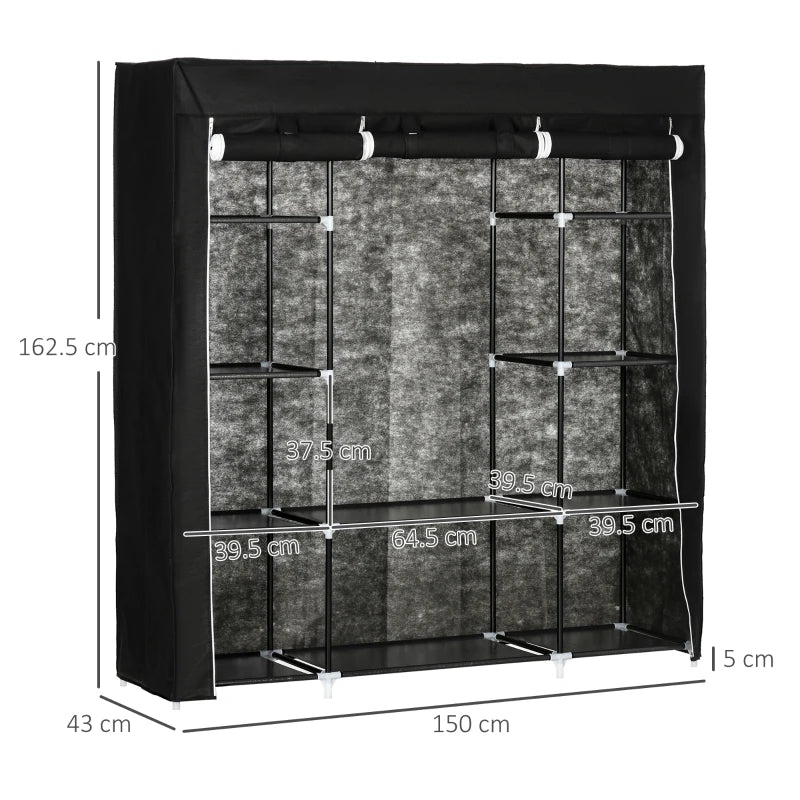 Black Foldable Fabric Wardrobe with Hanging Rail and Shelves