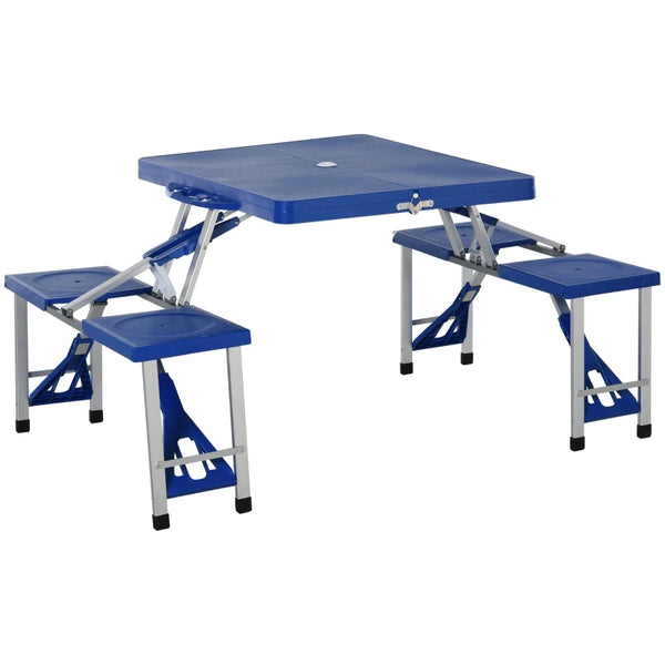Blue 4 Seater Aluminum Picnic Table with Foldable Seats