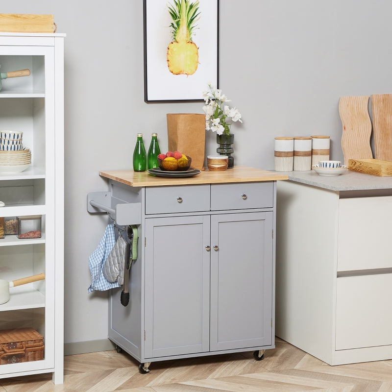 Grey Rolling Kitchen Island Cart with Rubber Wood Top and Storage