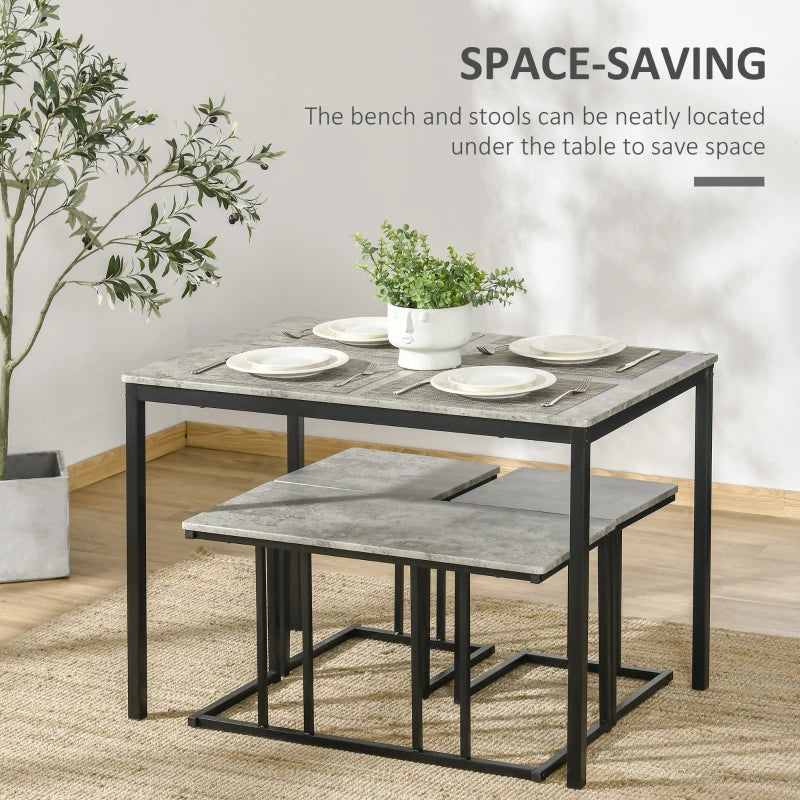 Grey Concrete Effect Dining Set for 4 - Steel Frame Table and Bench