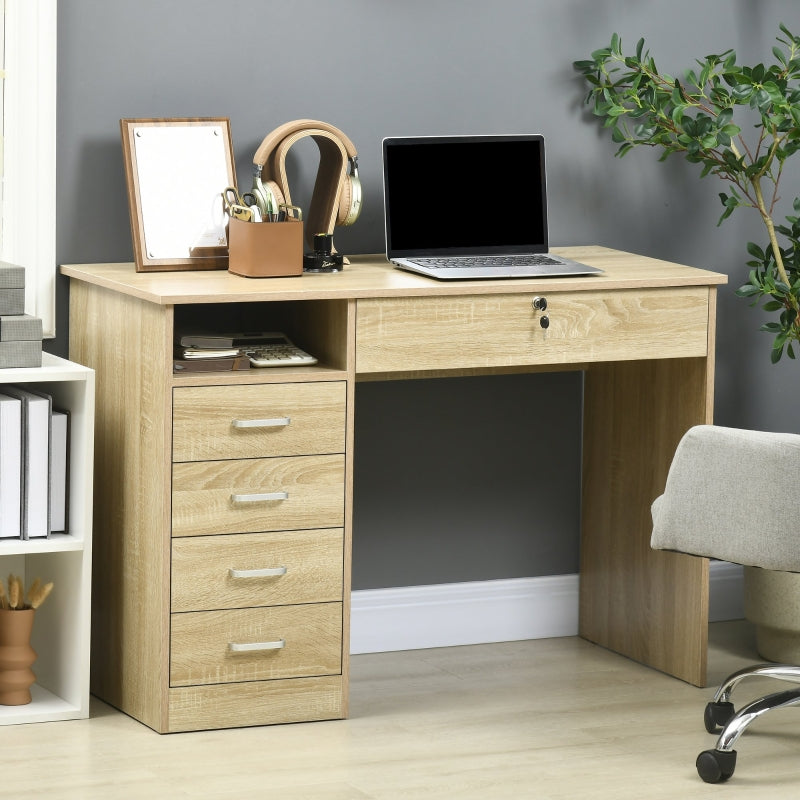 Oak Computer Desk with Lockable Drawer and Storage Shelf, 110 x 50 x 76 cm