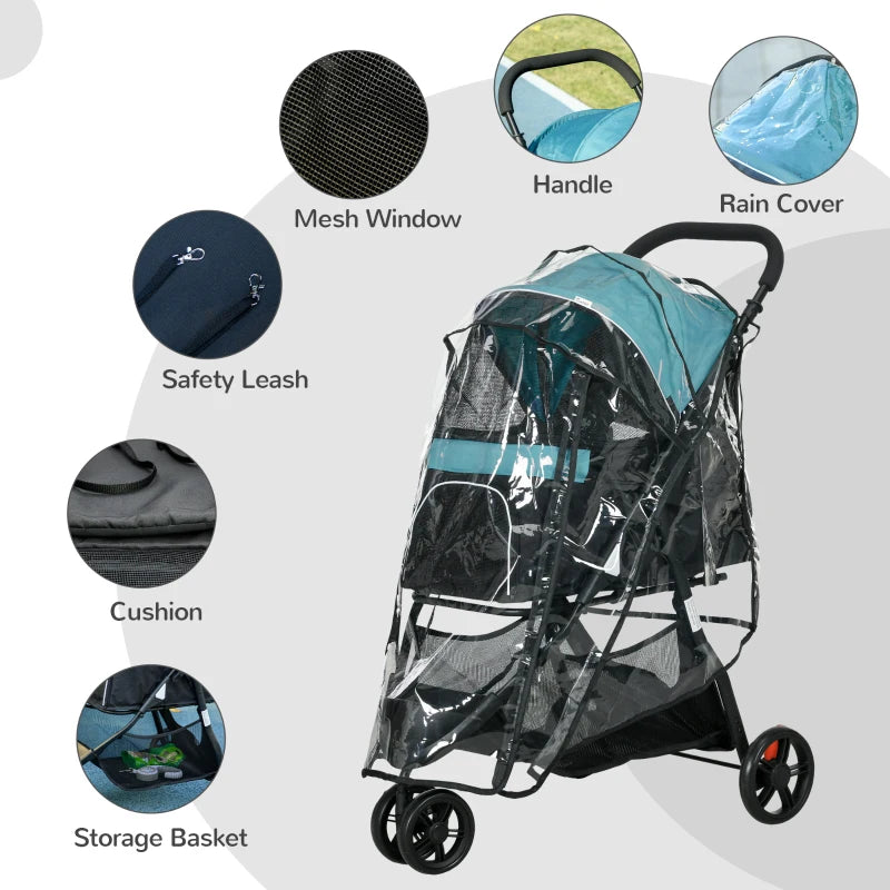 Foldable Pet Stroller with Rain Cover - Dark Green, XS/S Dogs