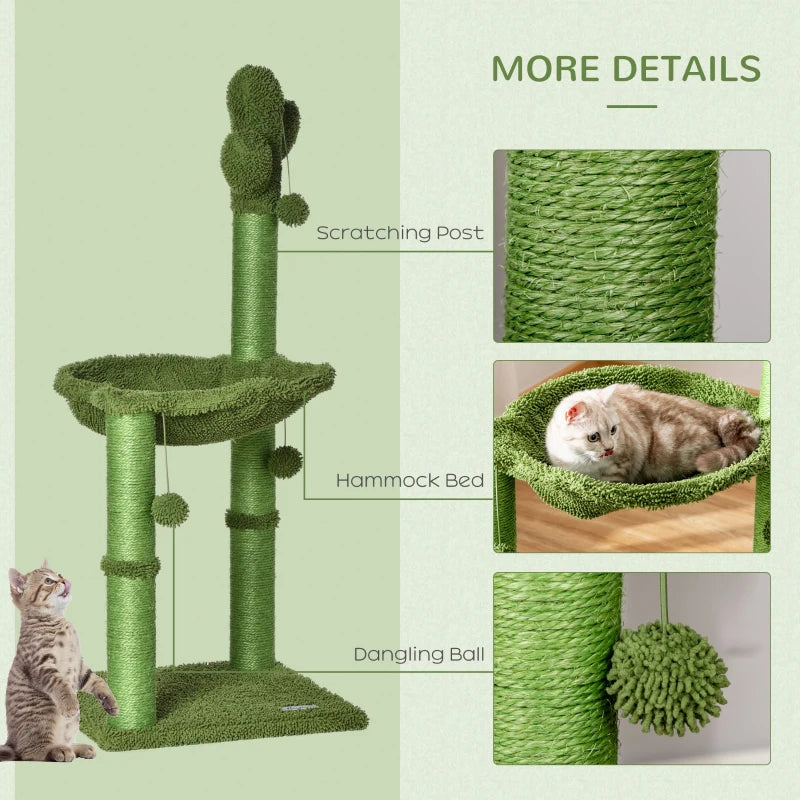 Cat Cactus Tower with Scratching Post, Hammock, Bed & Toy - Green