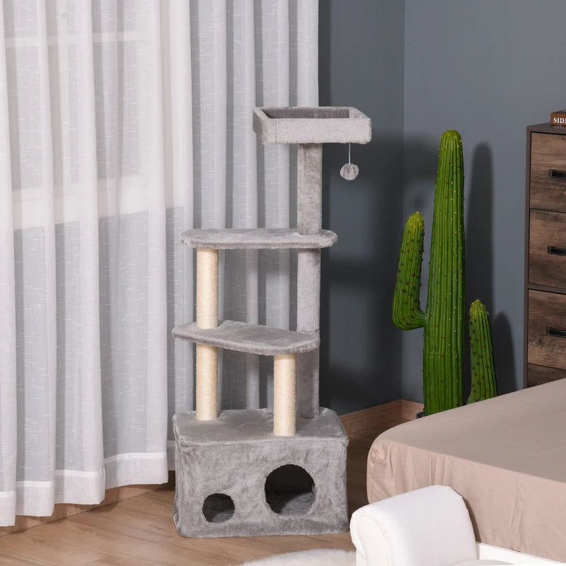 Grey 4-Level Cat Tree Tower with Scratching Post and Perches